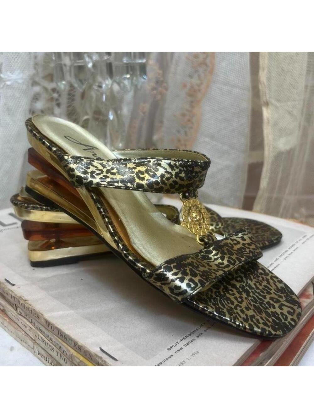 Vintage 90's Leopard Print Lucite Wedge Kitten Heels & Lion Amulets by Annie